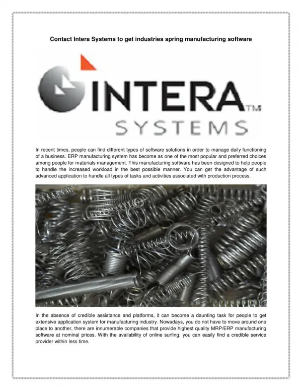 Contact Intera Systems to get industries spring manufacturing software