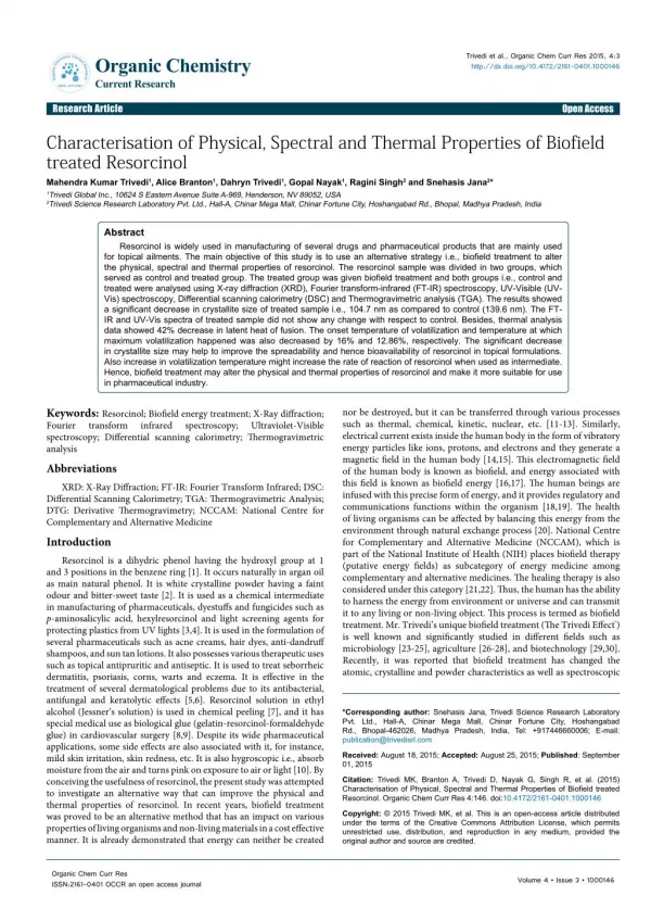 Characterisation of Physical, Spectral and Thermal Properties of Biofield treated Resorcinol