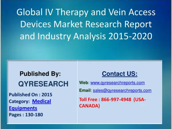 Global IV Therapy and Vein Access Devices Market 2015 Industry Analysis, Research, Trends, Growth and Forecasts