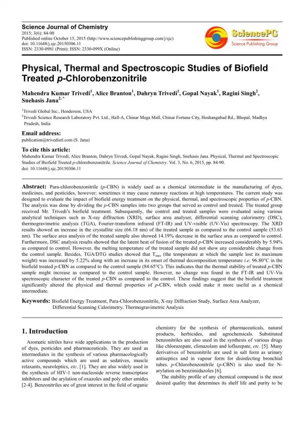 Physical, Thermal and Spectroscopic Studies of Biofield Treated p-Chlorobenzonitrile
