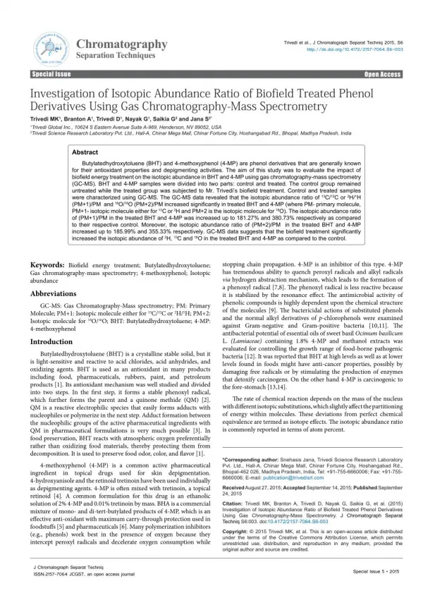 Investigation of Isotopic Abundance Ratio of Biofield Treated Phenol Derivatives Using Gas Chromatography-Mass Spectrom