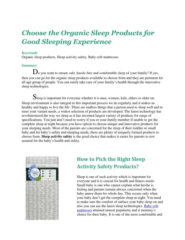Choose the Organic Sleep Products for Good Sleeping Experience