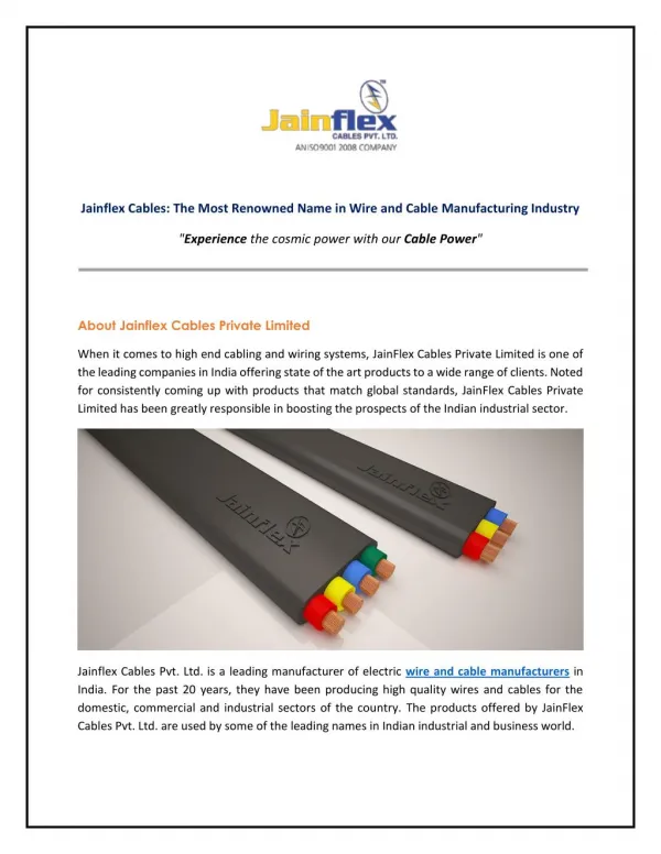 Jainflex Cables - Leading Manufacturer of Wires and Cables