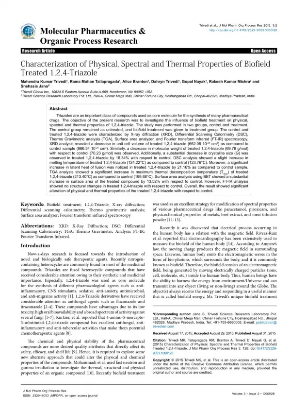Characterization of Physical, Spectral and Thermal Properties of Biofield Treated 1,2,4-Triazole
