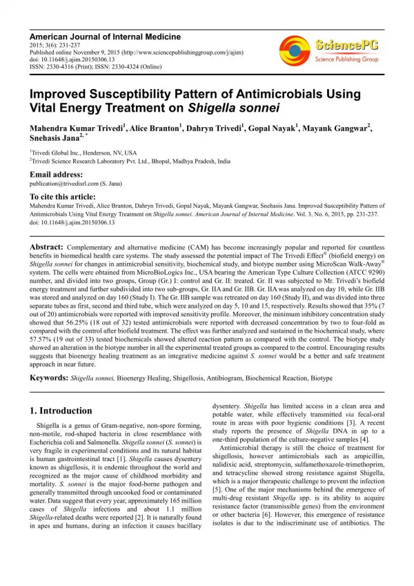 Improved Susceptibility Pattern of Antimicrobials Using Vital Energy Treatment on Shigella sonnei