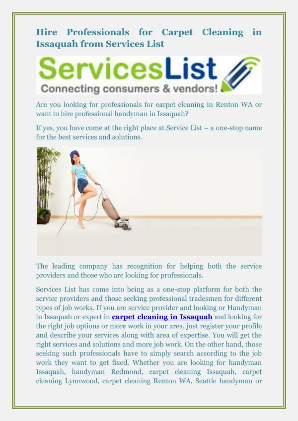 Hire Professionals for Carpet Cleaning in Issaquah from ServicesList