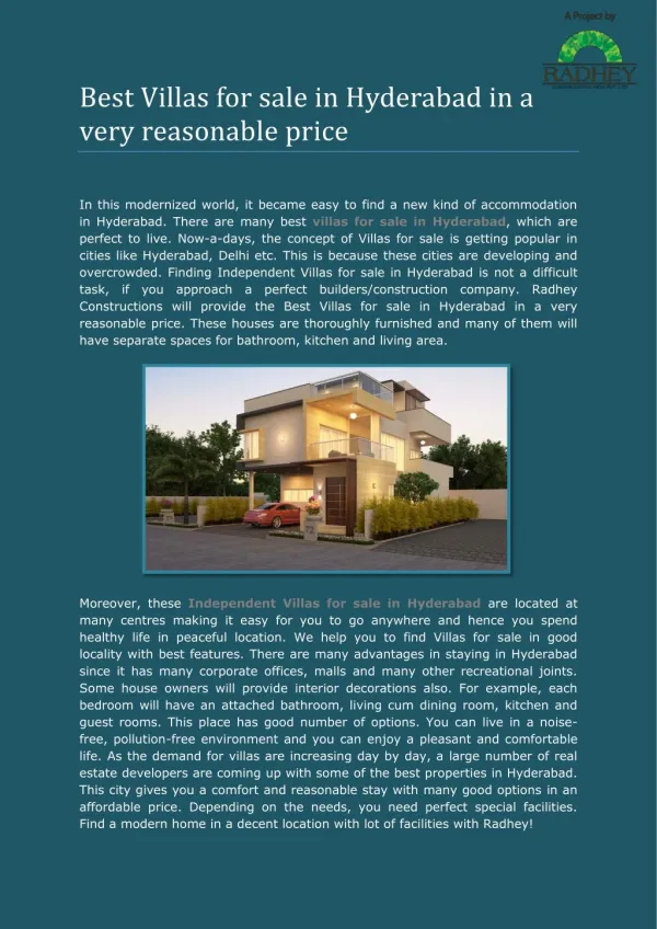 Best Villas for sale in Hyderabad in a very reasonable price