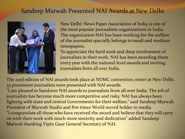 Sandeep Marwah Presented NAI Awards at New Delhi
