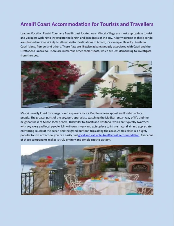 Amalfi Coast Accommodation for Tourists and Travellers