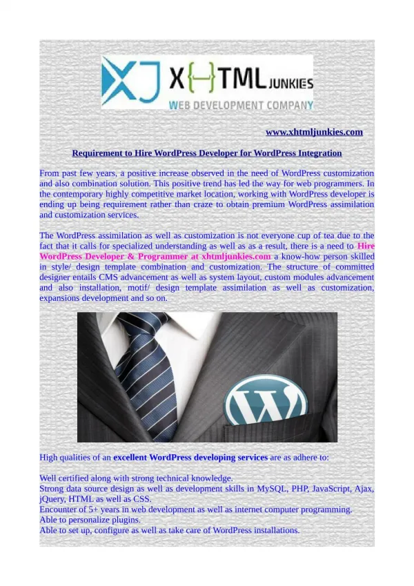 Requirement to Hire WordPress Developer for WordPress Integration