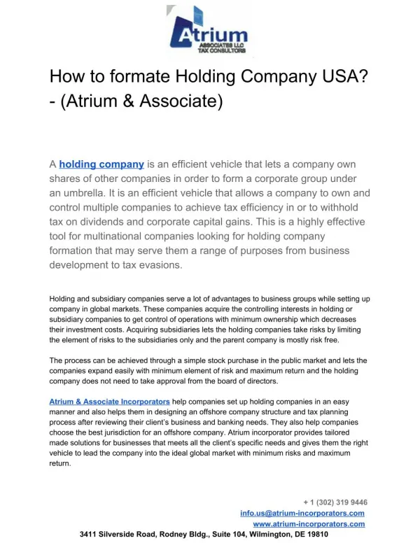 How to formate Holding Company USA? - (Atrium & Associate)