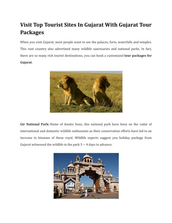 Visit Top Tourist Sites In Gujarat With Gujarat Tour Packages