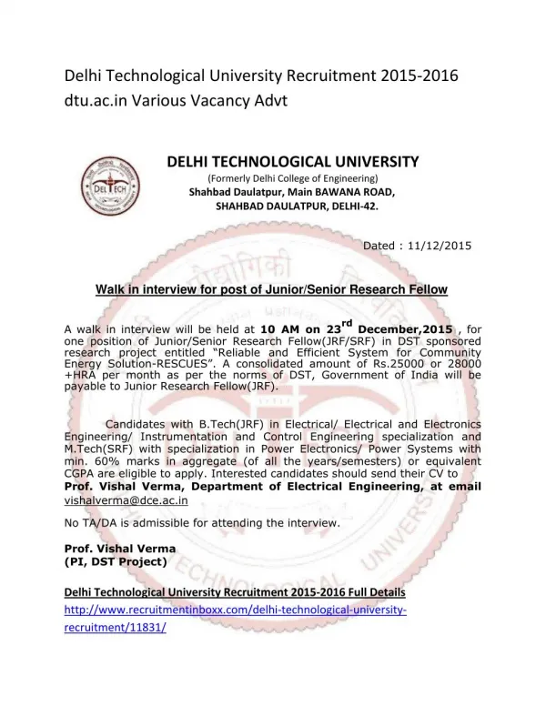 Delhi Technological University Recruitment 2015-2016 Dtu.ac.in Various Vacancy Advt