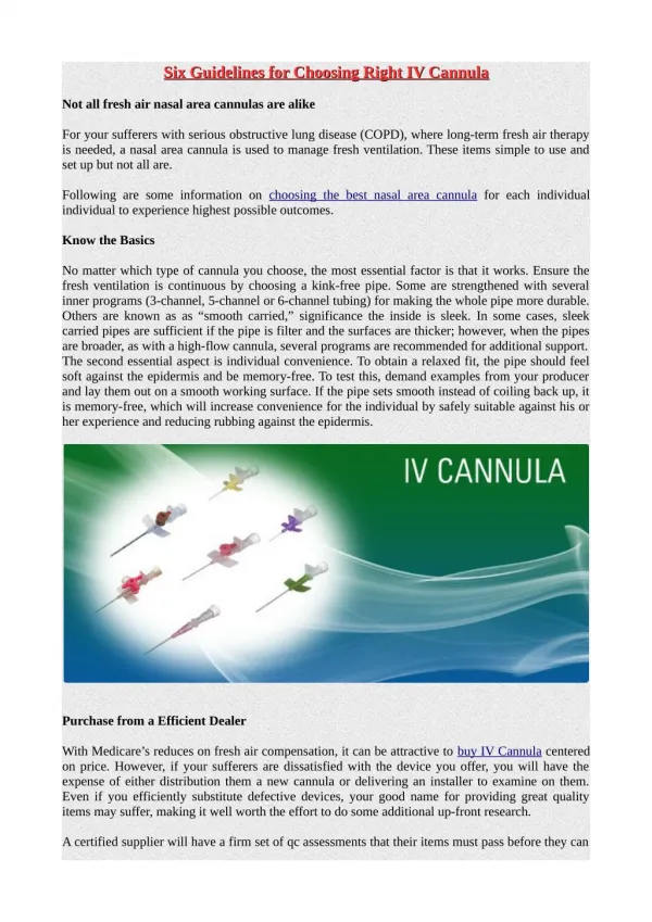 Six Guidelines for Choosing Right IV Cannula