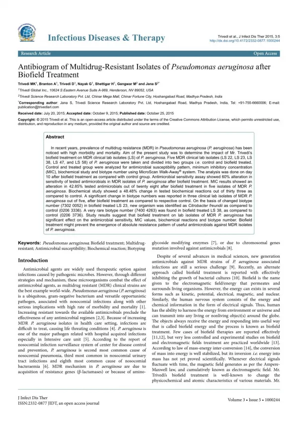 Antibiogram of Multidrug-Resistant Isolates of Pseudomonas aeruginosa after Biofield Treatment