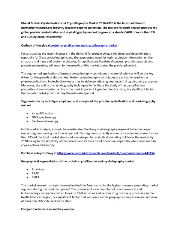 2020 World Protein Crystallization and Crystallography Industry by Market Size, Trends, Drivers and Growth Opportunities