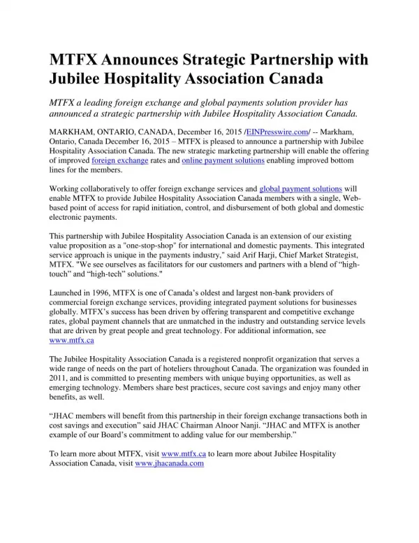 MTFX Announces Strategic Partnership with Jubilee Hospitality Association Canada