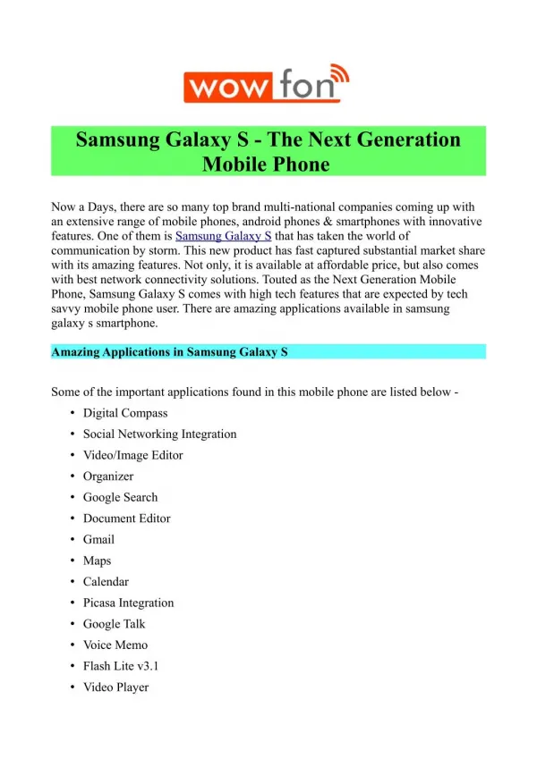 Buy Samsung Galaxy S at Rs 6,499/-
