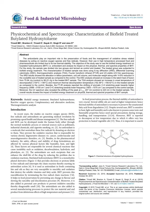 Physicochemical and Spectroscopic Characterization of Biofield Treated Butylated Hydroxytoluene
