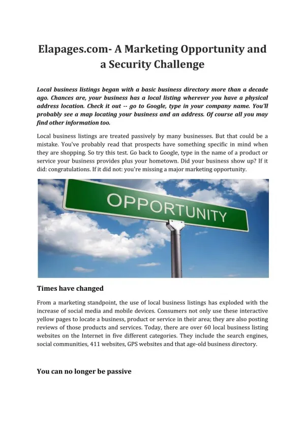 Elapages.com- A Marketing Opportunity and a Security Challenge