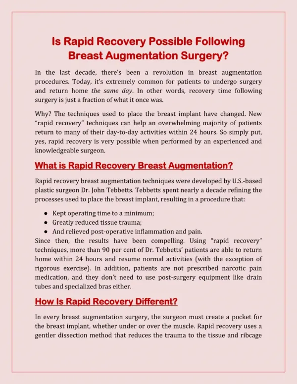 Is Rapid Recovery Possible following Breast Augmentation Surgery