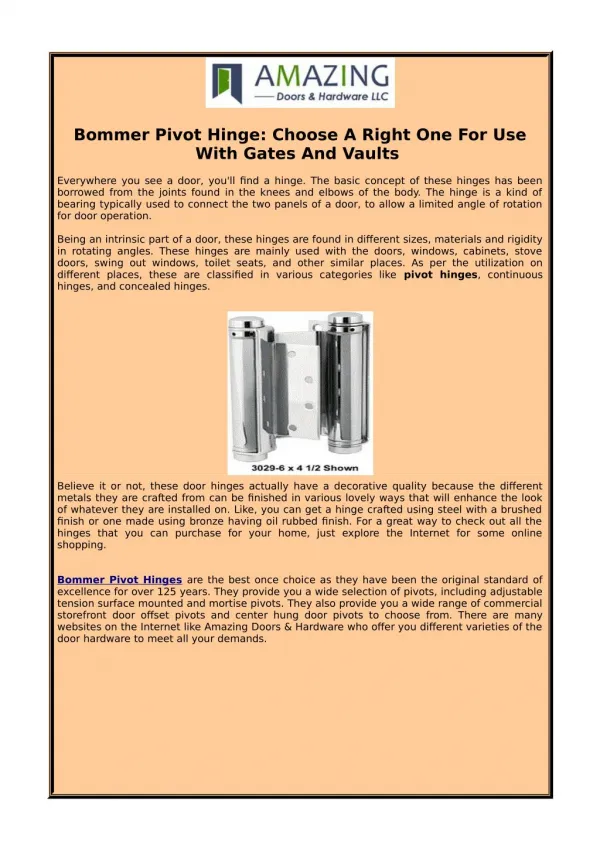 Bommer Pivot Hinge: Choose A Right One For Use With Gates And Vaults