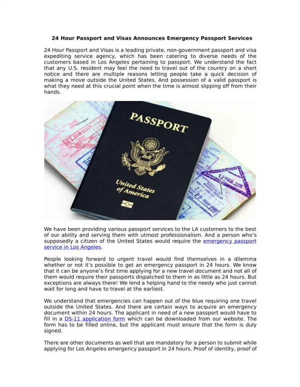 24 Hour Passport and Visas Announces Emergency Passport Services