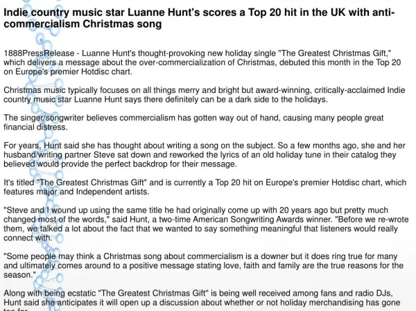 Indie country music star Luanne Hunt's scores a Top 20 hit in the UK with anti-commercialism Christmas song