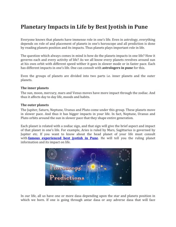 Planetary Impacts in Life by Best Jyotish in Pune