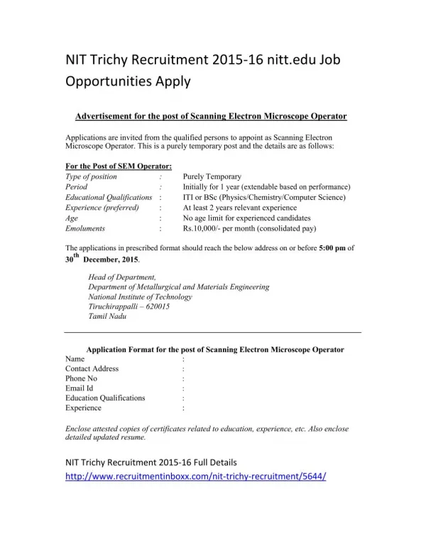 NIT Trichy Recruitment 2015-16 Nitt.edu Job Opportunities Apply