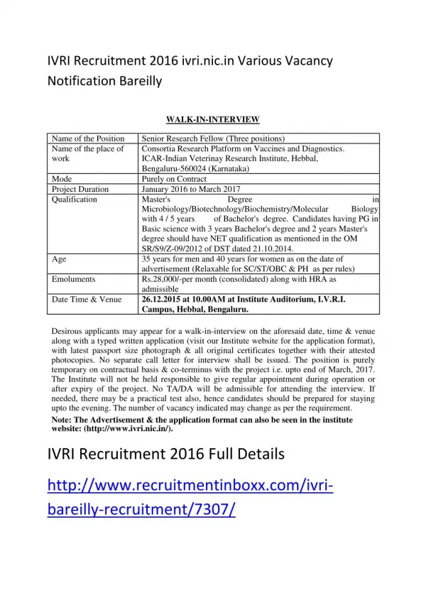 IVRI Recruitment 2016 Ivri.nic.in Various Vacancy Notification Bareilly