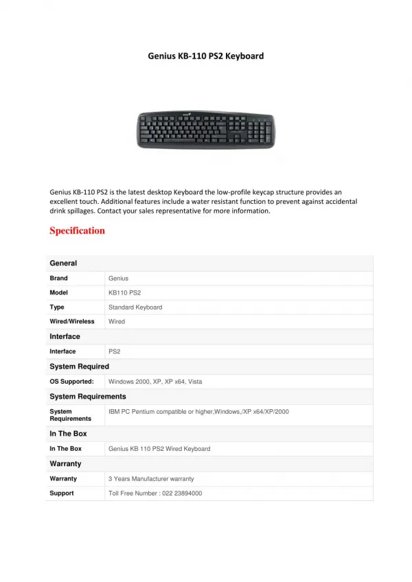 Genius KB-110 PS2 Keyboard Black