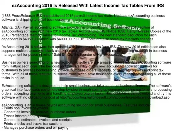 ezAccounting 2016 Is Released With Latest Income Tax Tables From IRS