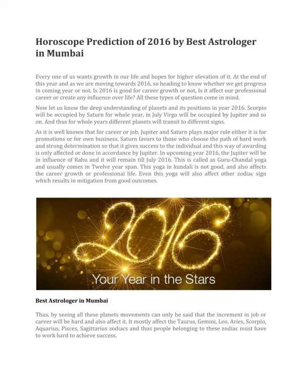 Horoscope Prediction of 2016 by Best Astrologer in Mumbai
