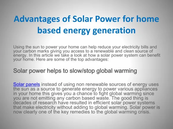 Advantages of Solar Power for home based energy generation