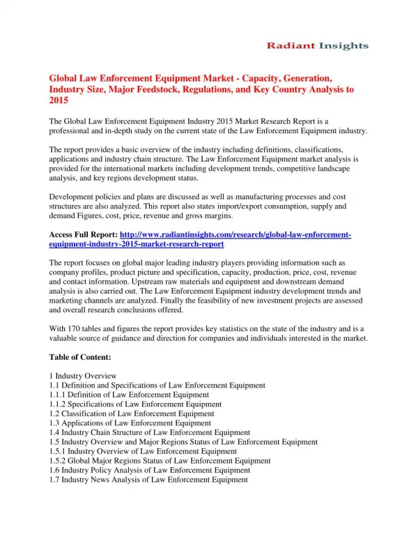 Law Enforcement Equipment Market Analysis, Size, Share, Growth, Trends And Forecast To 2015