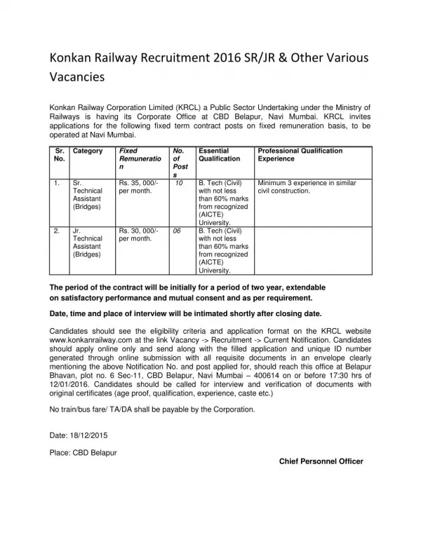 Konkan Railway Recruitment 2016 SR-JR & Other Various Vacancies