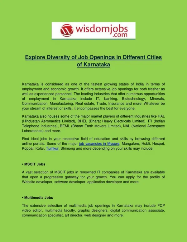 Explore Diversity of Job Openings in Different Cities of Karnataka