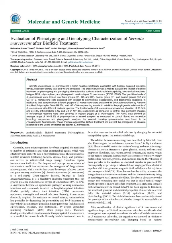 "Evaluation of Phenotyping and Genotyping Characterization of Serratia marcescens after Biofield Treatment"