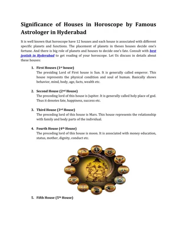Significance of Houses in Horoscope by Famous Astrologer in Hyderabad