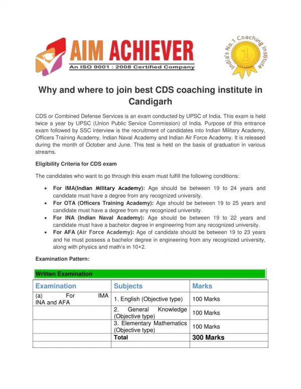 Best Coaching for CDS Exam in Chandigarh