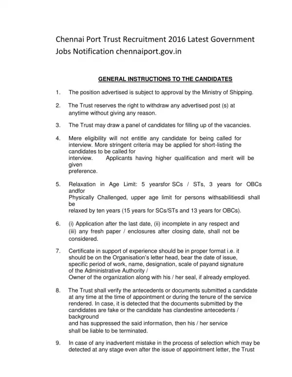 Chennai Port Trust Recruitment 2016 Latest Government Jobs Notification Chennaiport.gov.In