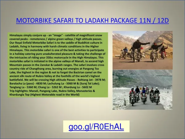 MOTORBIKE SAFARI TO LADAKH PACKAGE 11N / 12D