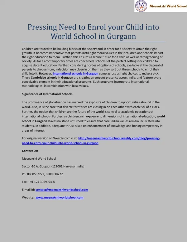 Pressing Need to Enrol your Child into World School in Gurgaon