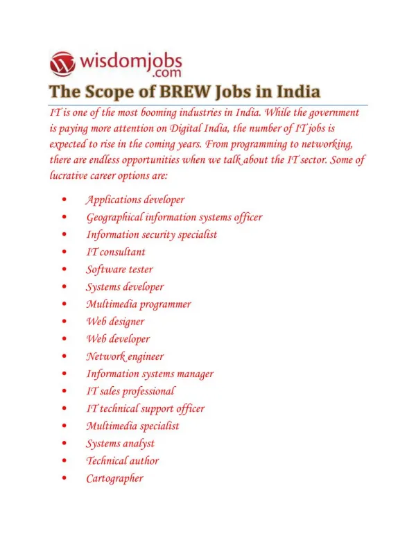 BREW Jobs Opening - Wisdomjobs