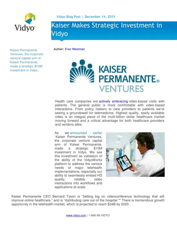 Kaiser Makes Strategic Investment in Vidyo for Telehealth