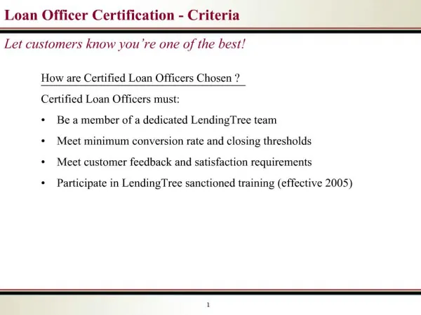 Loan Officer Certification - Criteria