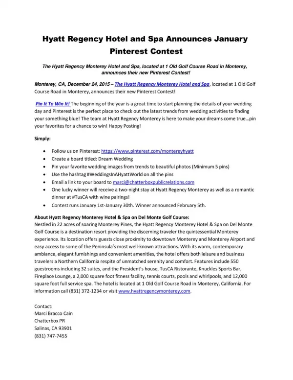 Hyatt Regency Hotel and Spa Announces January Pinterest Contest