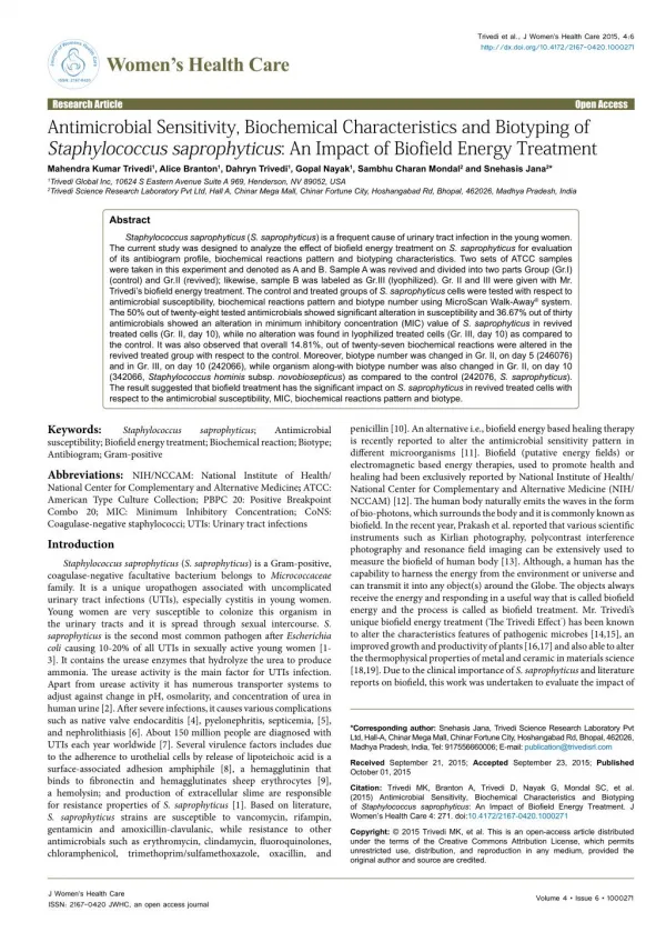 Antimicrobial Sensitivity, Biochemical Characteristics and Biotyping of Staphylococcus saprophyticus: An Impact of Biofi