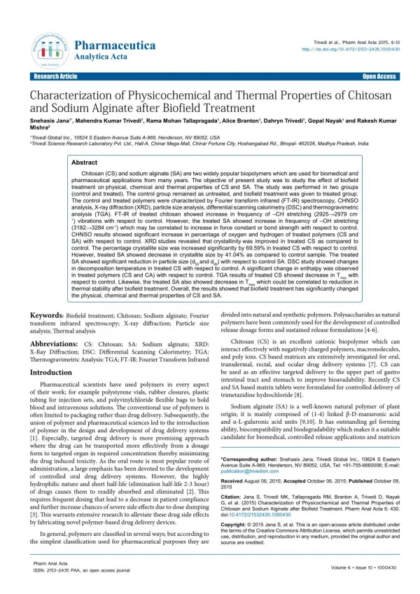 Characterization of Physicochemical and Thermal Properties of Chitosan and Sodium Alginate after Biofield Treatment